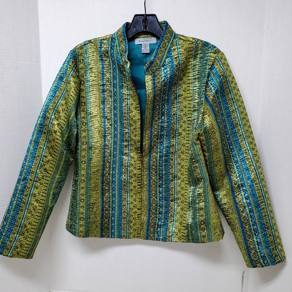 Analogy Petites PM Green Blue Zip Front Textured Jacket New - Picture 1 of 8